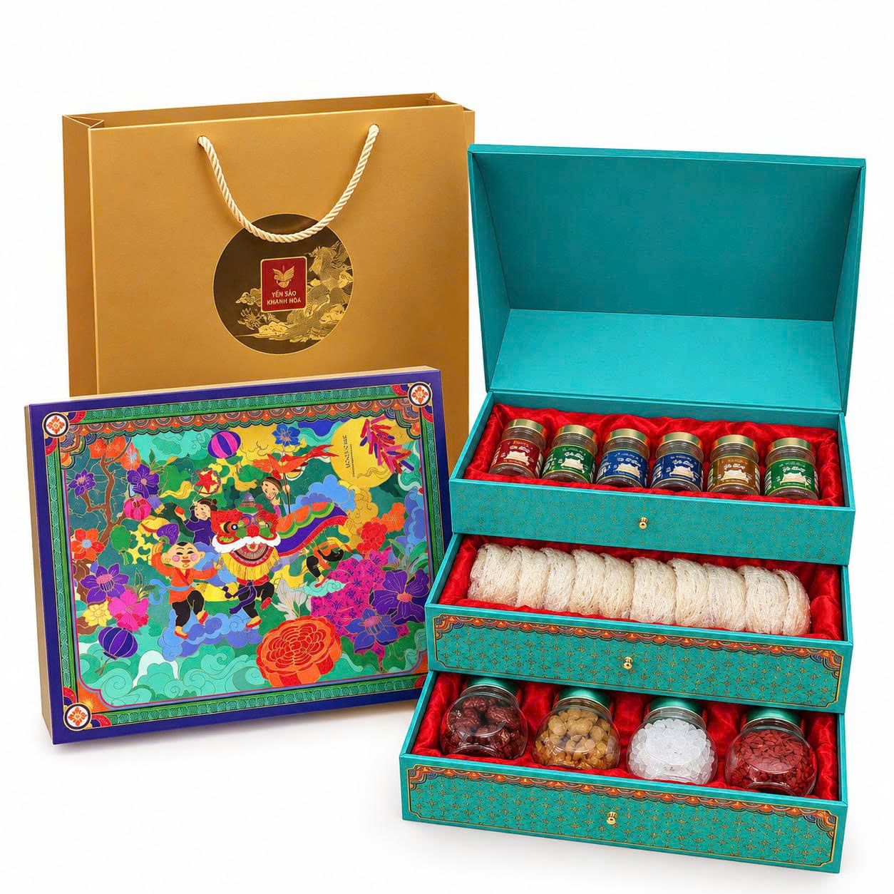Hộp Quà 3 Tầng 50g Yến Sào và Yến tươi chưng sẵn cùng các loại hạt chưng Yến cao cấp